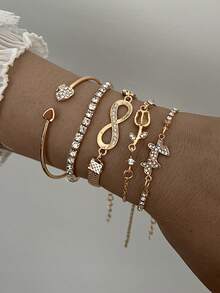 23/12/10/5件套多件可叠戴复古硬币、几何花朵、结饰、心形、蝴蝶、无限符号、水钻闪亮、圆形、多层扭曲、波浪形、圆珠、人脸、星形、压纹、网格链、弹力绳、锁链、链、盒链，简约光滑金属手链套装，时尚、优雅、复古设计，适合节日、派对、约会、日常佩戴，亦可作为礼物。 - 金黃色 - 查看 4