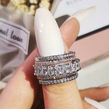 5pcs/Set Luxury Dual-Tone Wide Rings, Designed For Women, Inlaid With Brilliant Cubic Zirconia, Exquisite Party Jewelry, Fashionable Accessories - Ring - View 4
