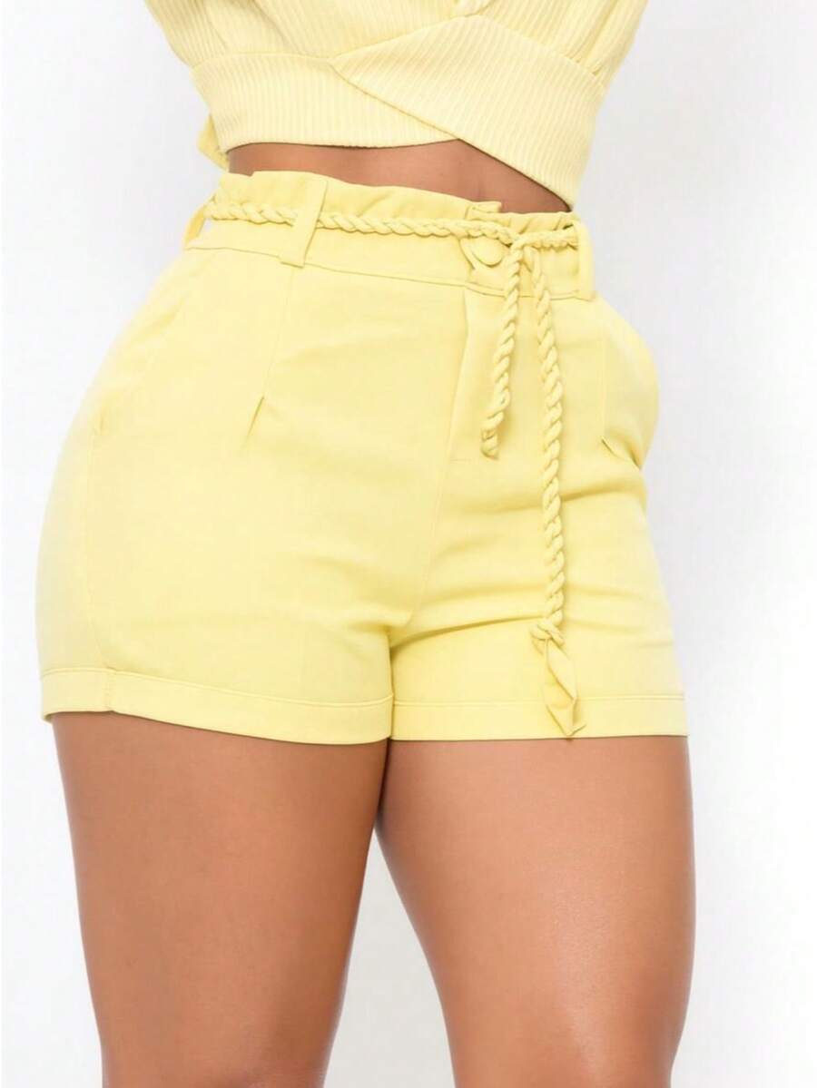 Women's Tailored Shorts Made Of Lightweight, Reinforced Fabric With A Folded Hem And Body-Shaping Belt. - 嬰兒黃 - 查看 1
