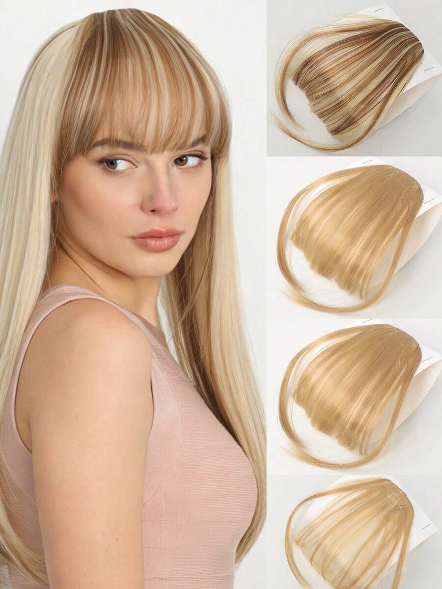 可修剪浅棕色刘海假发片，合成耐热夹式接发片，女士适用