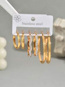 1 Set de Pendientes de Aro de Acero Inoxidable Retro con Micro Diamantes Incrustados en Diseño de Ola, Uso Versátil Diario para Mujeres - multicolor - Ver 5