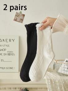 半双装女士蕾丝边中筒洛丽塔袜，白色荷叶边条纹袜，适合日常穿着 - 彩色 - 查看 11