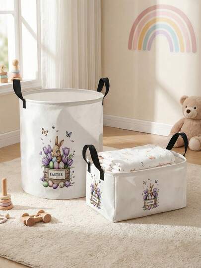 1pc/2pcs Easter Pattern Printed Large Capacity Foldable Round Storage Basket With Handle, Multipurpose Storage Basket For Nursery, Baby Diaper, Clothes, Toys Organizer, Collapsible Storage Box