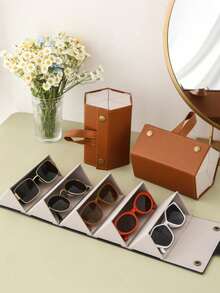 1pc Foldable Hanging Fashionable Eyeglass Storage Box, Portable Eyewear Case (2 Slots Black / 3 Slots Brown) - Black - View 4