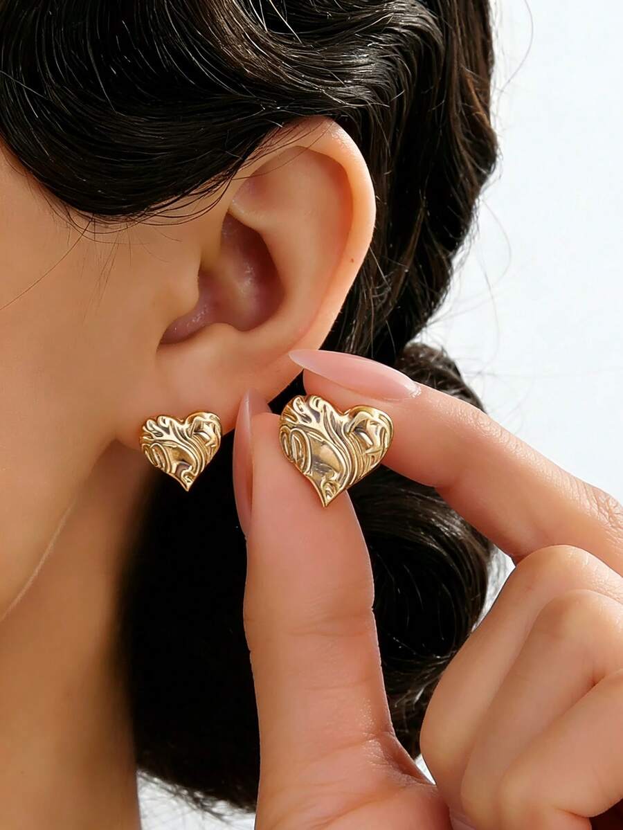 女士几何心形耳环一对 - 金黃色 - 查看 1