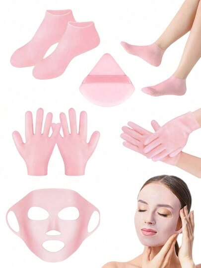 6件套硅胶保湿套装 - 可重复使用的面膜、防滑手套和袜子，适用于干燥、皲裂的足部、脚后跟和粗糙皮肤，男女通用，适合日常和居家足部护理，高弹吸水袜，保湿效果极佳，保湿手套，送给妈妈的礼物，母亲节礼物，旅行配件