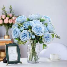 1/3 Bunch Artificial Light Blue Mixed Peony Flowers - Lifelike Faux Flowers With Realistic Petals And Stems, Suitable For Wedding Decor, Bridal Bouquet, Classroom Decoration, Home Vase Arrangement, Garden Party, Birthday Celebration, Valentine's Day And Graduation Gift - Baby Blue - View 10