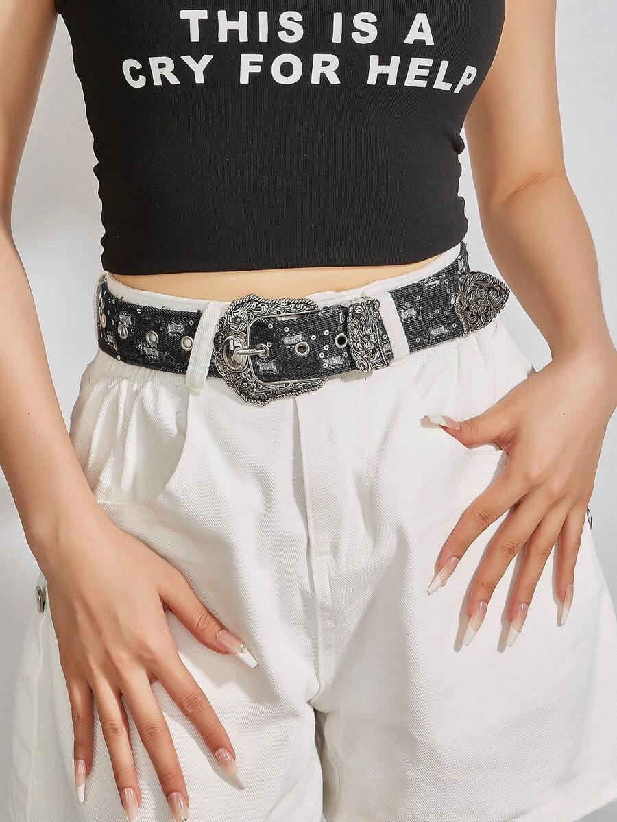 1条新款水钻针扣帆布腰带，女士个性化腰带，Y2K酷女孩腰带 - 彩色 - 查看 1