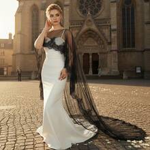 1pc Black Mesh Lace Trim Floor-Length Shawl, Gothic Style Bridal Wedding Dress Cloak Outerwear - Black - View 11