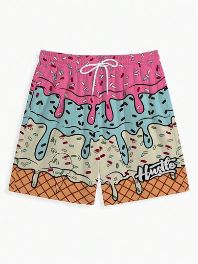 夏季趣味冰淇淋3D数码印花沙滩短裤，通体渐变冰淇淋、拐杖糖和华夫饼筒图案，3D技术呈现甜美酷炫的视觉效果，色彩鲜艳，男士休闲短裤，适合海滩度假或休闲出行穿着。