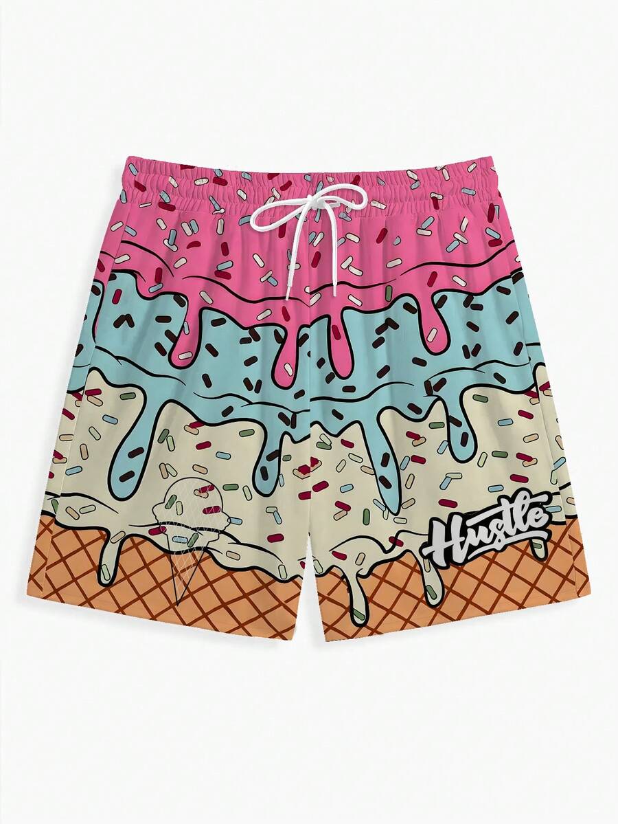 Summer Funny Ice Cream 3D Digital Print Beach Shorts, All-Over Gradient Ice Cream, Candy Cane & Waffle Cone Pattern, 3D Technique Presents Sweet & Cool Visual Effect, Vibrant Color Scheme, Casual Shorts For Men To Wear On Beach Vacation Or Leisure Outings - Multicolor - View 1
