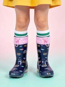 Toddler Rain Boots With Adjustable Drawstring – Lightweight Non-Slip PVC Rain Shoes For Girls, Cute Navy Rainbow Design With Pink Trim - Navy Blue - View 1