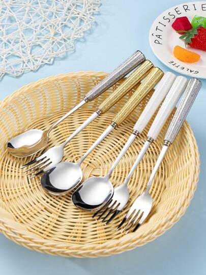 2件套不锈钢叉勺套装，陶瓷柄甜点勺和水果叉餐具套装