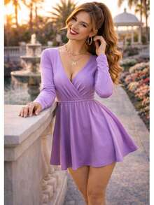 Romper Estilo Vestido con Escote en V y Cintura Elástica - Comodidad y Elegancia" - Lila Púrpura - Ver 3