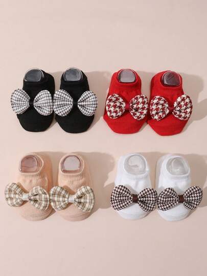4 Pairs Baby Girls' Bowknot Anti-Slip Floor Socks, Cute Short Ankle Socks For Infants, Suitable For All Seasons