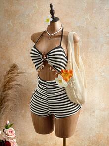 女士贝壳流苏装饰条纹串珠镂空露背吊带连体裤，夏季度假装，海滩度假装 - 黑與白 - 查看 2