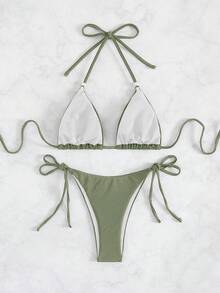 女士夏季海滩度假风新款欧美波点印花露背系带开衩比基尼套装 - 軍綠色 - 查看 2
