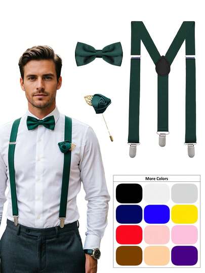 Conjunto de tirantes, pajarita y boutonnière para hombres, tirantes de unicolor con boutonnière con forma de hoja dorada, adecuado para bodas y banquetes