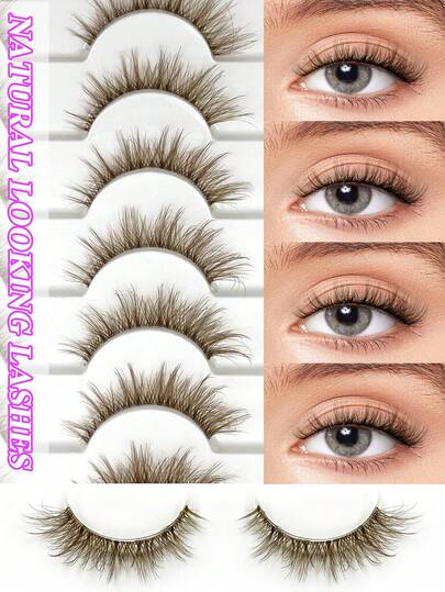 10对ENCHUW自然棕色透明假睫毛，3D蓬松柔软假睫毛，美妆睫毛嫁接