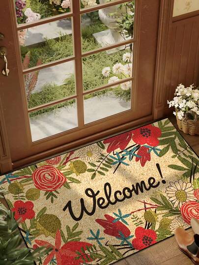 1pc Interesting Red Flower & Green Leaf Welcome Pattern Doormat, Farmhouse Style Machine Washable Polyester Fiber Mat, Suitable For Living Room, Kitchen, Bedroom, Entryway, Home Decor, Room Decor, All Seasons