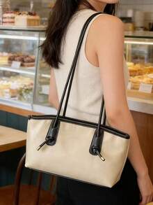 Solid Color PU Leather Minimalist Retro Versatile Women Tote Bag, Large Capacity Travel Essential Tote - Beige - View 6