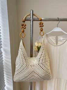 Urban Minimalist Hollow Diamond Design 2026 Spring Large Capacity Crochet Knitted Shoulder Bag, Fashion Casual Travel Tote Bag, Minimalist Off-White Color With Wooden Bead Handle Details, Soft Lightweight Touch, Open Top Design, Suitable For Travel, Beach Trips, Daily Commute, Shopping, Gifts - A - 查看 9