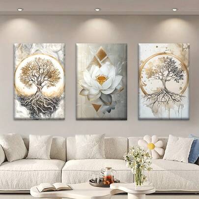 3幅/套帆布画 - 无框，莲花与生命之树主题，海报印刷品，适合客厅装饰、家居装饰、房间装饰、墙面装饰、卧室装饰，抽象艺术，完美的生日礼物、节日礼物、情人节礼物、复活节彩蛋装饰