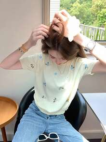 女士休闲花卉叶子刺绣罗纹针织短袖上衣，夏季 - 黃色 - 查看 3