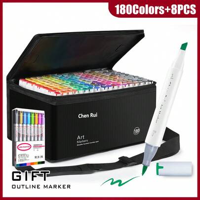 180/168/120/100/80/60/48 Colors Professional Permanent Art Marker Pens Set, Dual Tip Chisel & Brush, Includes Basic Drawing Supplies, Suitable For Artists, Adult Coloring Books, Sketching, Illustration, Back To School, Refillable