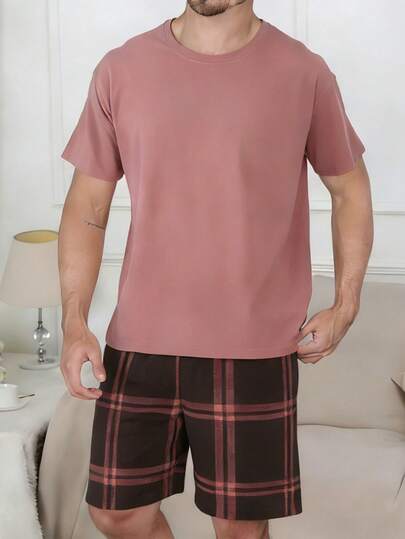 2pcs Men Sleepwear Set, Thin Round Neck Solid Color Minimalist Short Sleeve Top And Plaid Shorts, Casual And Comfortable Home Outfit