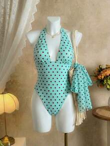 Women's Sexy Polka Dot Twist Asymmetrical Backless Chiffon Two Pieces Swimsuit, One-Piece Swimwear For Beach Vacation In Summer - Mint Blue - View 3