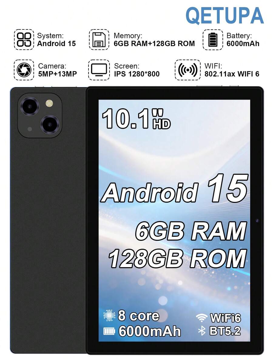 Qetupa Máy tính bảng Android 15 10.1 inch, mẫu flagship mới năm 2026 A19, bộ xử lý MTK8788 Octa-Core 2.0GHz, RAM 6GB + ROM 128GB (hỗ trợ mở rộng thẻ SD lên đến 1TB), camera trước 5MP + camera sau 13MP, màn hình cảm ứng IPS HD 1280*800, pin 6000mAh, Bluetooth 5.2, GPS, Wi-Fi 6 802.11ax, cổng sạc Type-C. - màu đen - Xem 1
