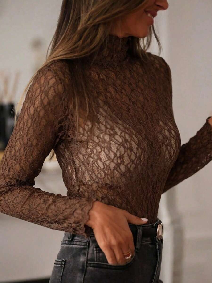 Solid Color Lace Crew Neck Long Sleeve Fitted Blouse For Women Spring - Coffee Brown - View 1