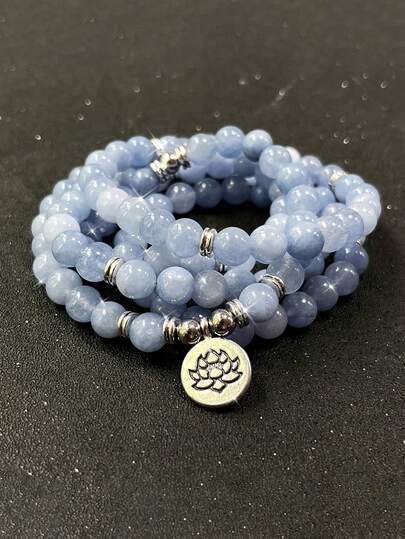 Braccialetto elastico fatto a mano con 108 perline in pietra naturale di acquamarina da 8 mm - Gioiello da yoga, meditazione e stile boho per uomo e donna, accessorio di moda con pendente a forma di loto