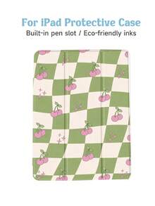1pc Cute Cherry Checkerboard Tablet Protective Case, Compatible With 10.2" (A16), 11" 11th Gen 2025 8th/9th/10th Gen, Air 4th 10.9", Galaxy Tab S6 Lite 10.4", /, Anti-Drop, Pencil Slot, Sleep/Wake Support, Romantic Gift - Multicolor - View 5