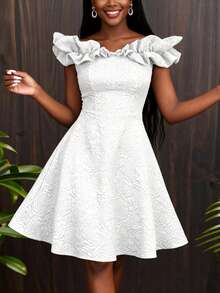 女士情人节优雅白色露肩荷叶袖A字连衣裙，适合婚礼宾客和正式场合 - 白色 - 查看 3