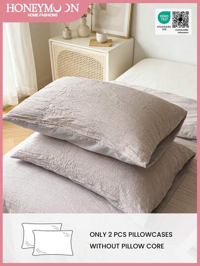Honeymoon 1 Pair Wrinkled Textured Pillowcases(1pair=2pcs)-Polyester Wrinkled Textured Fabric Grey Pillow Covers, Soft And Breathable, Fade-Resistant, No Filler-T F Q K Size For Home And Dorm, Oeko-Tex Certified