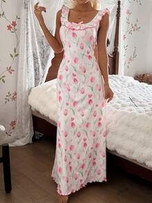 Summer New Sweet Tulip Print Sleeveless Nightgown, Ruffled Bow Design, Breathable Comfortable Long Dress, Popular Girly Homewear - White - View 2