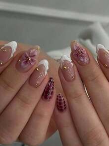 24pcs Almond-Shaped 3D Gel Nail Stickers, Floral Nail Art Design, French Tip Stickers, Pearl Decor, Perfect Fit Acrylic Nail Kit, Includes: 1pc Jelly Gel And 1pc Nail File, Bloominggelnails French Manicure, Suitable For Women's Daily Work, Festivals, Parties, Etc. Nail Supplies TVYF - 酒紅色 - 查看 1