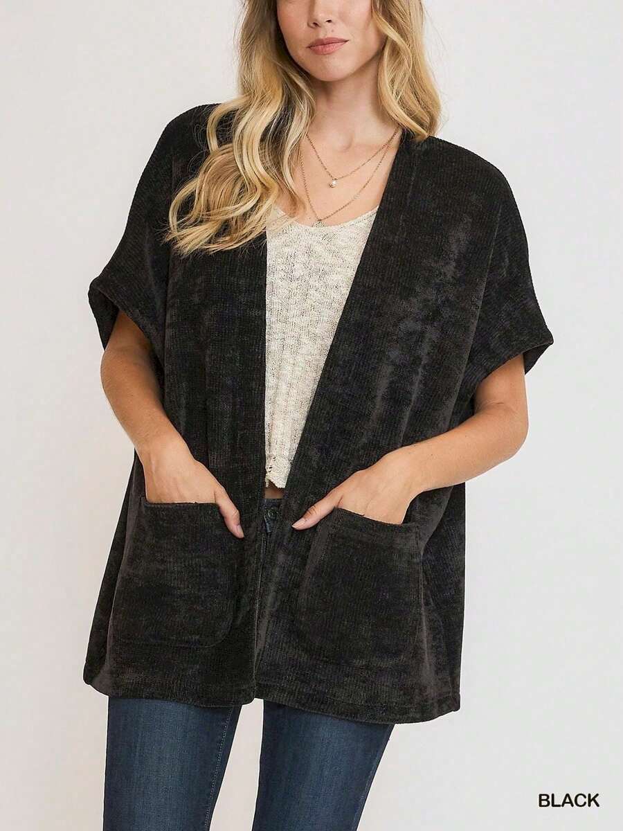 Women's Casual Cardigan Chic Open Front Textured Short Sleeve Black - 黑色 - 查看 1