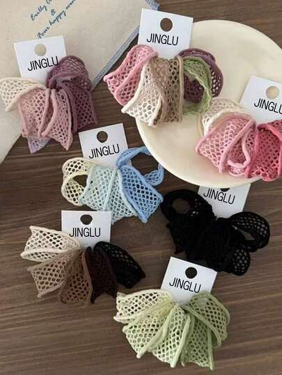 5pcs Hollow Mesh Hair Scrunchies, 2026 New Colorfast Wide-Edge Mask Hair Scrunchies, Women's High Elasticity Minimalist Ponytail Holders, Rubber Hair Accessories