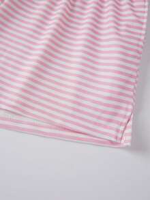 Conjunto de dos piezas a rayas para mujer, pantalones cortos Y2K, sudadera holgada de manga larga con cuello alto, jersey y pantalones cortos, chándal de primavera y otoño, ropa de estar por casa - Rosa - Ver 10