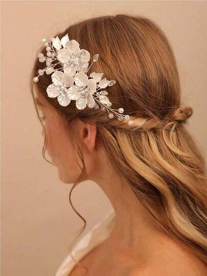 1pc White Floral Handmade Diamond Luxury Bridal Hair Clip Accessory
