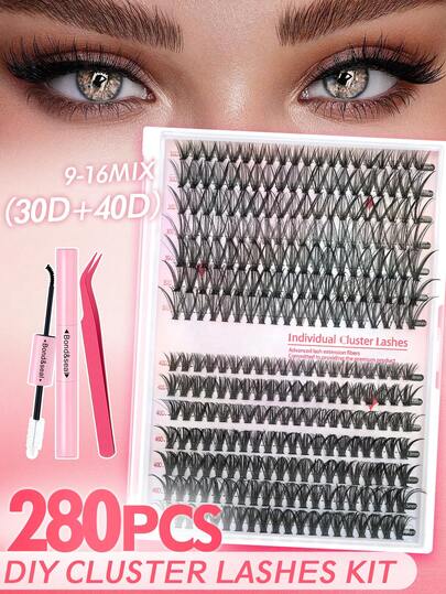 DIY Cluster Eyelash Set, 280 Pcs - 9-16mm, 30D And 40D Lengths, Suitable For Outdoor Eyelash Extensions, Lash Bundles, Individual Eyelashes, False Eyelashes, For Dramatic, Daily Makeup, Role-Playing, Full Makeup And Daily Wear, Providing You With A Comfortable Wearing Experience And Creating A Beautiful Eye Makeup.