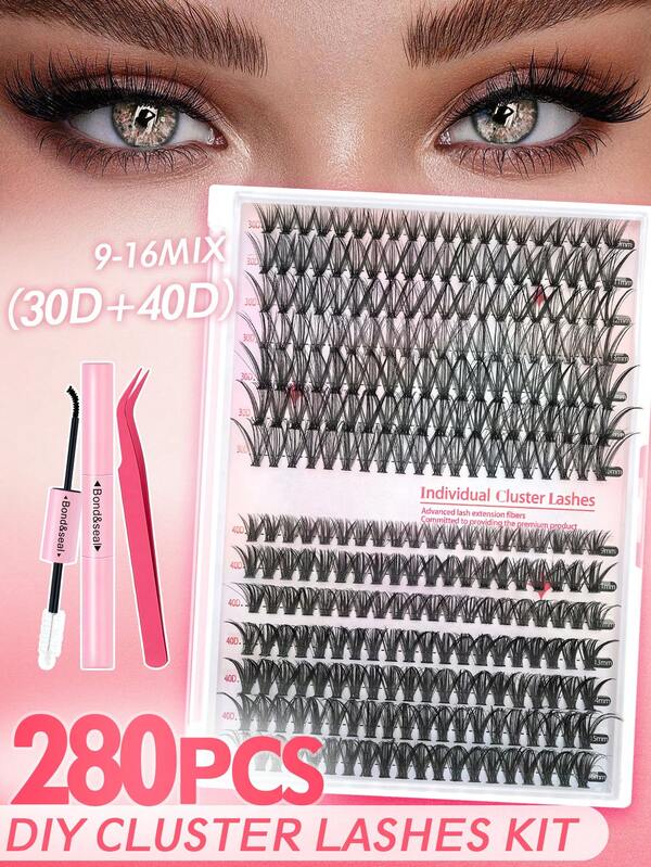 DIY Cluster Eyelash Set, 280 Pcs - 9-16mm, 30D And 40D Lengths, Suitable For Outdoor Eyelash Extensions, Lash Bundles, Individual Eyelashes, False Eyelashes, For Dramatic, Daily Makeup, Role-Playing, Full Makeup And Daily Wear, Providing You With A Comfortable Wearing Experience And Creating A Beautiful Eye Makeup.