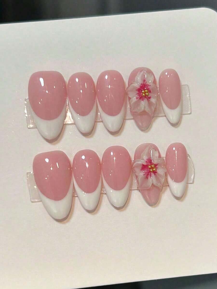 10 Pcs Handmade Nail Art Patches Nails, Handmade Full Coverage French Square Medium Length, 3D Hand-Painted Floral Design, Glossy, Pink And White, Elegant And Lovely Almond Shaped High-End Minimalist Vacation Style Three-Dimensional Carved Elegant Nail Art, Cute And Spicy Girl Nail Art Suitable Women And Girls' Daily And Party Wear, Fully Covered Nails Press On Nails Long Nail Supplies - 彩色 - 查看 1