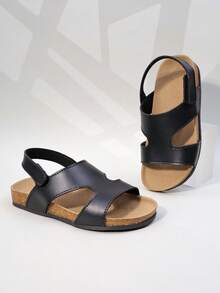 1 Pair Kids' Minimalist Faux Leather Soft Wood Sole Non-Slip Open Toe Hook And Loop Flat Sandals, Versatile Beach Holiday - Black - View 4