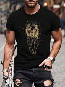 Men's Black Lion Print T-Shirt - 3D Printed, Casual Short-Sleeved T-Shirt For Outdoor Sports, Knitted Polyester Fabric, Slightly Stretchy, Machine Washable, Lion T-Shirt - màu đen - Xem 6