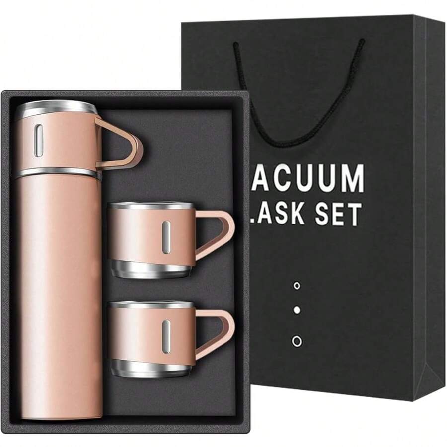 Coffee Thermo Bottle -Vacuum-Insulated Stainless Steel Travel Mug, 500ml Insulated Bottle With Cup For Hot & Cold Drink Travel Mug(Blue, Three Cup) - 粉紅色套裝 - 查看 1