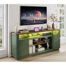 70" Fluted TV Stand For Living Room - Accommodates TVs Up To 80", Modern Entertainment Setup With Power Outlets, LED Lights & Adjustable Shelves - Xem 7